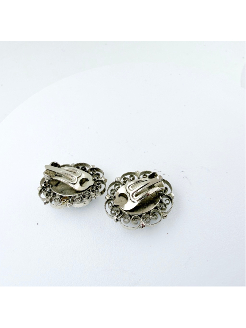 Vintage Austrian Petit Point Clip On Earrings, Floral Needlepoint Rose, Silver - Picture 5 of 7